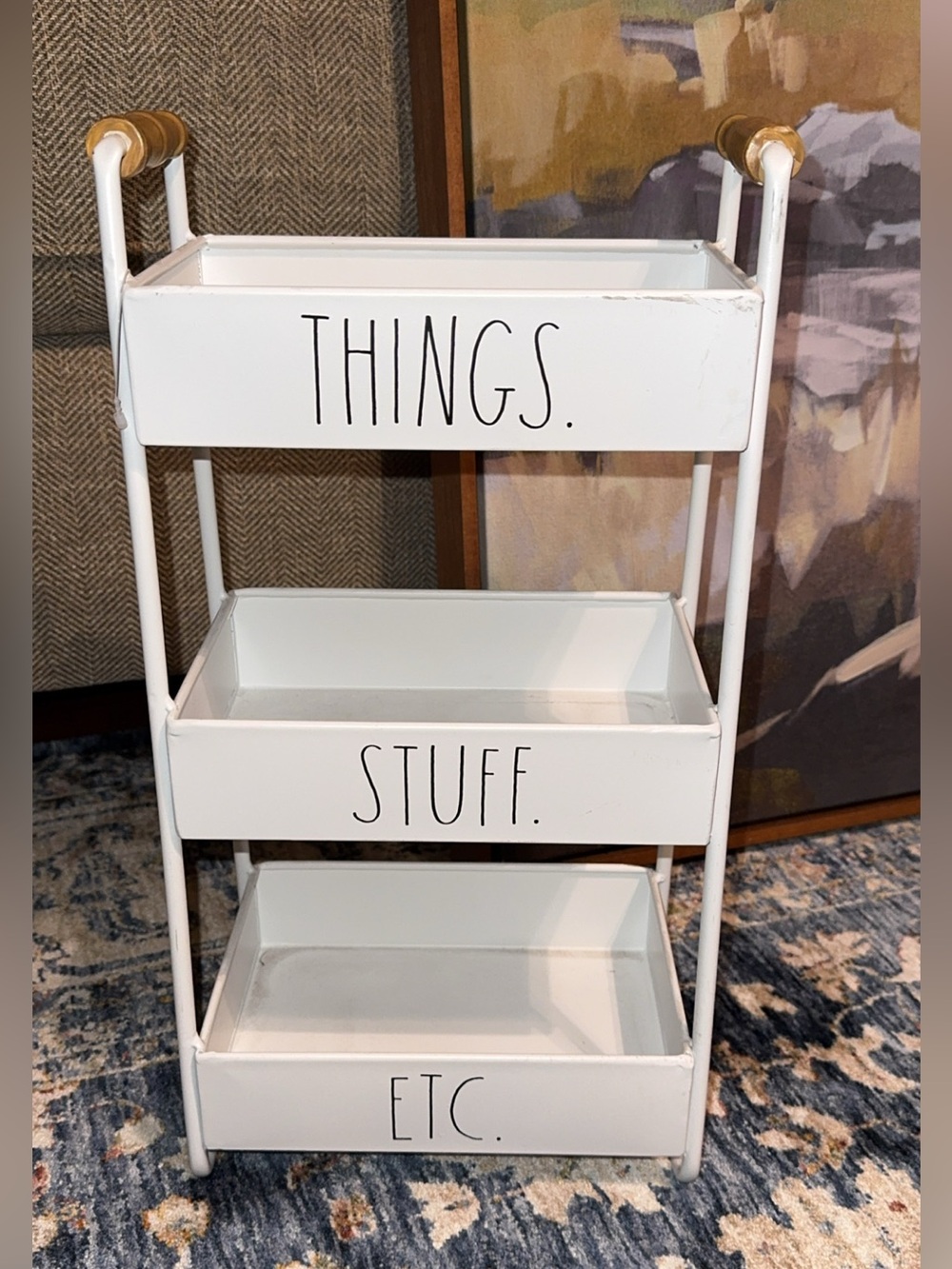 HTF Rae Dunn White 3-Tier Metal Storage Shelf - "Things. Stuff. Etc."